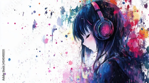 Young girl listening to music with headphones and colorful splashes