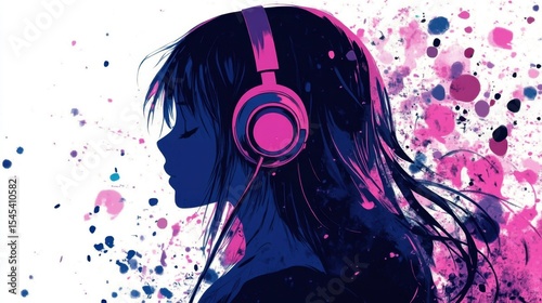 Young girl listening music with headphones and colorful splashes