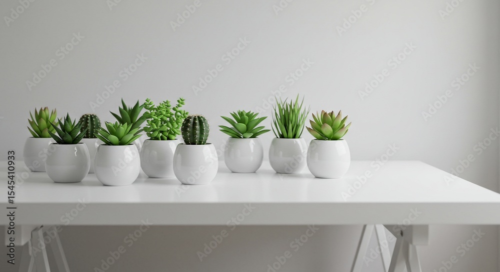 Serene Minimalist Home Decor: A Collection of Lush Green Succulents and Cacti in Chic White Pots on a Modern White Table Serene Minimalist Home Decor: A Collection of Lush Green Succulents and Cacti in Chic White Pots on a Modern White Table