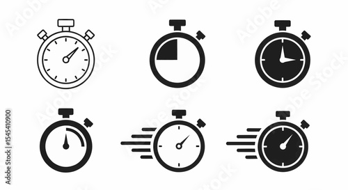 This high-quality vector graphic features six distinct minimalist stopwatch icons in solid black and outlines, with hands, filled sections, and motion lines, all with fine details.