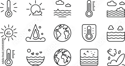 Line art icons representing global warming and climate change concepts set