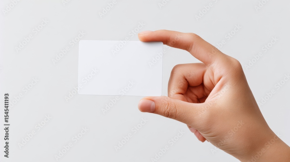 Obraz premium Woman hand holding empty white business card on white background