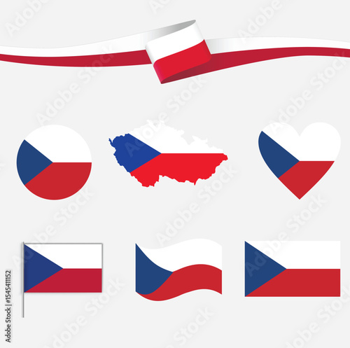 Print Czechia Map with Ribbon and 5 Styled Flags – Heart, Circle, Flat, Waving, and Rounded Flag Icons Design