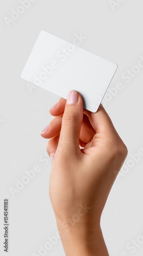 Woman hand holding blank white credit card on white background