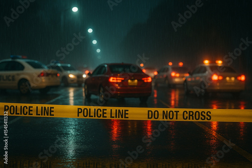 Urban street under investigation with police vehicles, caution tape, and flashing emergency lights during stormy night. 