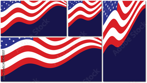 Set of Independence Day celebration banners and greeting cards for the 4th of July Collection of waving American flags on a blue background, with festive, vector illustration style, ideal for the USA