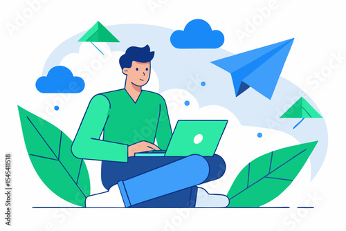 Digital productivity concept, person with laptop and paper planes, remote work efficiency, office innovation, professional collaboration, vector illustration of workspace.