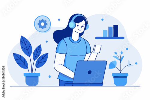 Multitask work concept, woman with headphones, laptop and phone, digital productivity, office efficiency, professional flexibility, vector illustration of workspace.