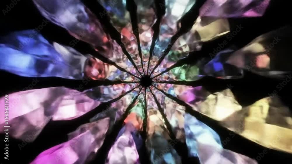 Abstract kaleidoscopic animation featuring geometric shapes and vibrant iridescent colors