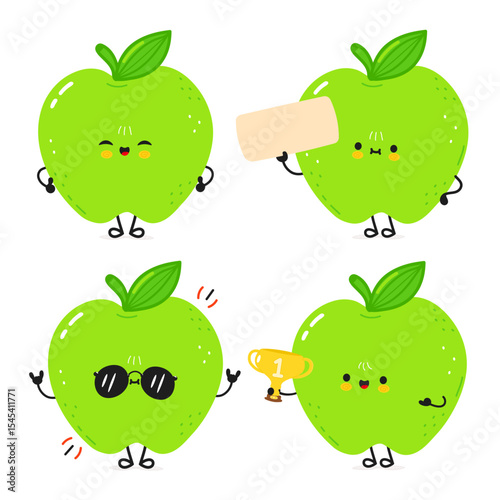 Four amusing cartoon Green Apples with diverse expressions and props for a playful concept.