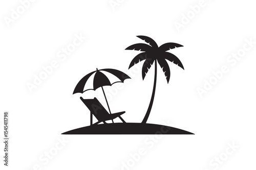 Beach chair and an umbrella in the sand under a palm tree .