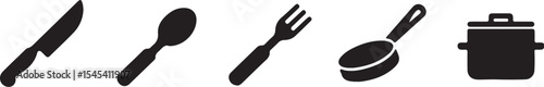 Simple black kitchen utensil icons with knife spoon fork frying pan and pot silhouettes