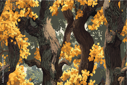 Realistic hunting camouflage seamless pattern design. Forest barks, stems, leaves camouflage background
