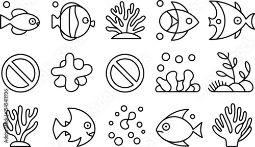 A collection of outline style sea life icons including fish and coral reef