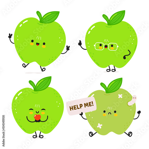 Green Apple characters wearing glasses, jumping playfully, blowing kisses, battling worm with bandages