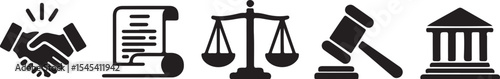 Set of five black icon symbols representing legal concepts and justice systems.