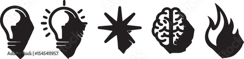 Creative concept set featuring lightbulb star brain and flame symbols in bold black color