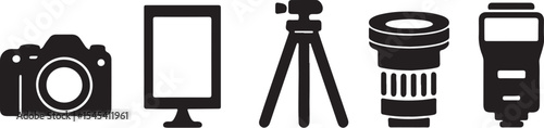 Photography equipment icon set featuring camera reflector tripod and lens in black outlines