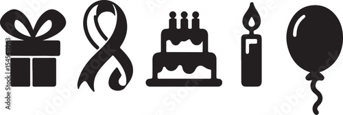 Celebratory icons with gift ribbon cake candle and balloon silhouettes on white background