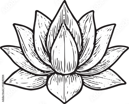 Hand-drawn lotus flower icon symbolizing purity, enlightenment, and yoga, ideal for wellness designs promoting spiritual growth and mental tranquility