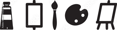 Black and white art supplies icon set representing creative painting and artistic tools