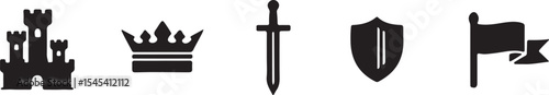 Black medieval icons including a castle crown sword shield and flag for design
