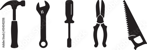 Black silhouette collection of handyman tools hammer wrench screwdriver pliers and saw icon