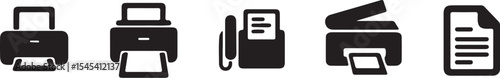 Office automation equipment black icons set illustrating printing scanning and document management