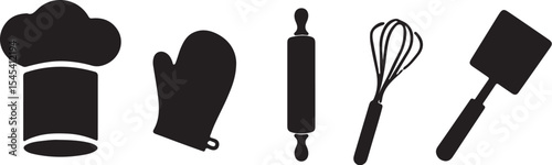 Black silhouette of cooking tools including chef hat oven mitt rolling pin whisk spatula