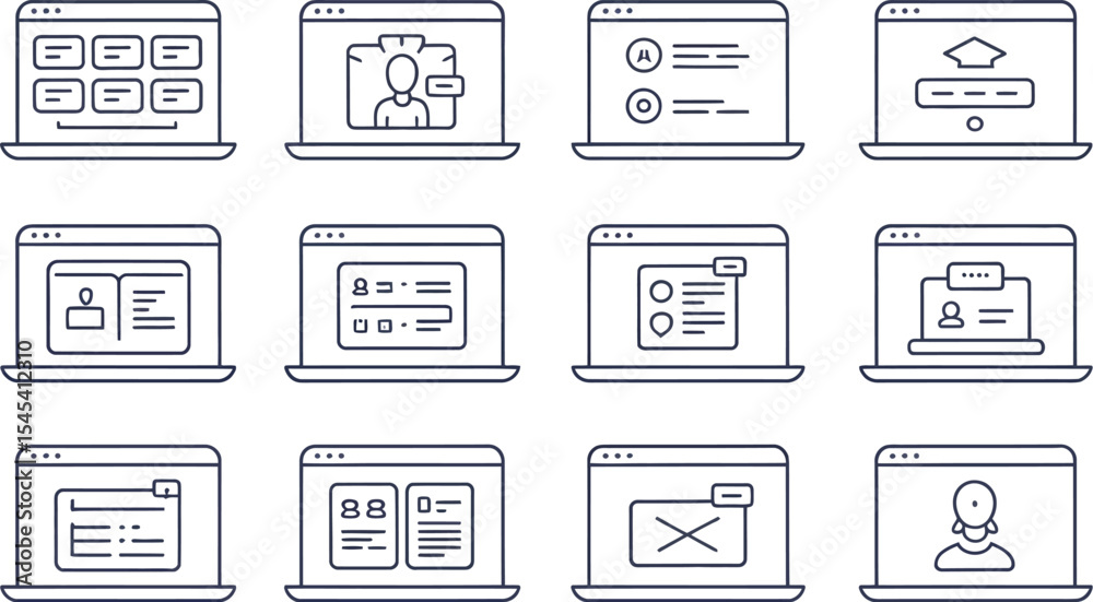 Twelve laptop screens displaying various user interface elements in outline style