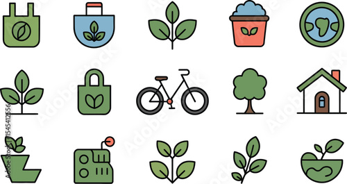 Illustration of eco friendly icons including plants bags and transportation