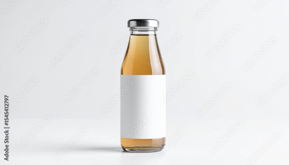 Fototapeta premium Minimal Glass Juice Bottle Mockup A transparent glass bottle with a metal cap and a clean label, placed on a white surface with soft shadows.