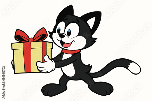 Cheerful cartoon feline presents a charming gift box with delightful red bow