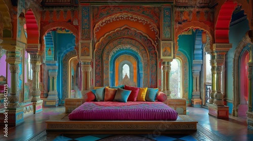 Ornate indian interior with red couch and colorful cushions.