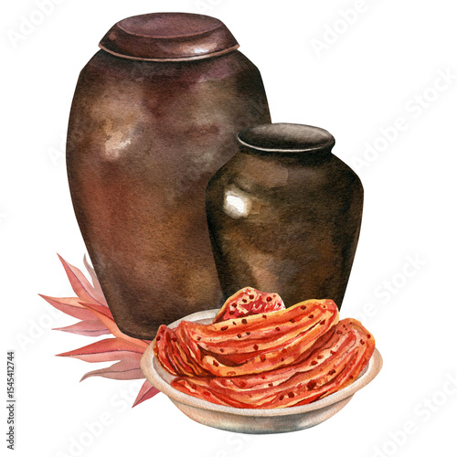 Kimchi in a bowl with cooking barrels and Japanese maple. Watercolor composition on a white background. Hand drawn, for invitations, cards and design