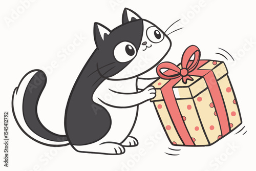 Cartoon tuxedo cat enthusiastically lifts a colorful polka dot gift, full of excitement