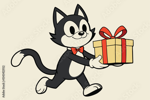 Cartoon tuxedo cat happily carries a wrapped gift box with a red bow today