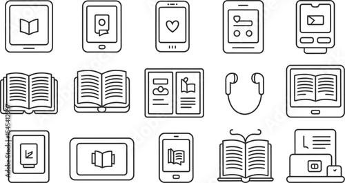 Line art illustration of books tablets and e readers on a light background