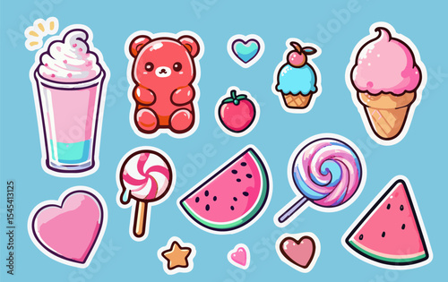 Vector illustration in kawaii cartoon sticker style: cute bear, ice creams, drinks, hearts, candies, and watermelon slices. Uses pastel pink, blue, and yellow—trendy among young and playful designs.