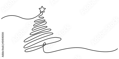Hand drawn Christmas tree in minimalistic design. Christmas tree with a star. Continuous one line drawing Christmas tree. Christmas tree doodle Isolated. Vector illustration