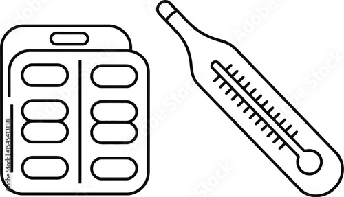 Outline drawing of two blister packs of pills and a thermometer on white