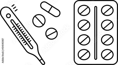 Outline drawing of a thermometer pills and blister pack on a white background