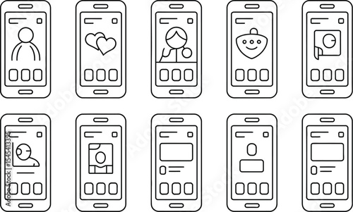 Ten outlined smartphones displaying various app interfaces in a white layout