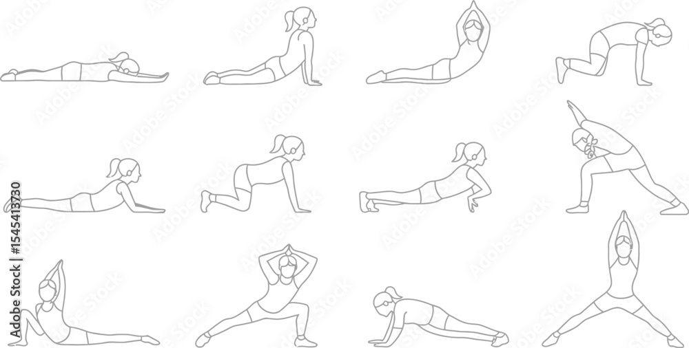 Obraz premium Line drawing showing a woman performing various yoga poses on white background