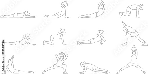 Line drawing showing a woman performing various yoga poses on white background