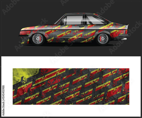 Dynamic Car Wrap Design with Abstract Red and Yellow Geometric Pattern