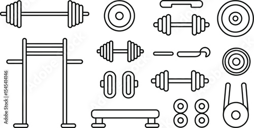 Outline illustration of gym equipment including weights and pull up bar