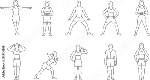 Line art illustration of people performing various stretching exercises