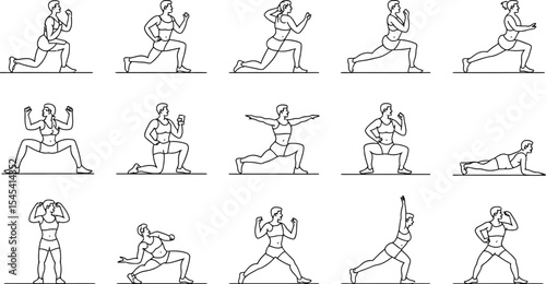 Illustration showing a variety of different workout poses on a light gray background