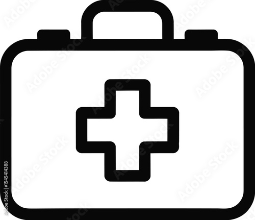 A simple line drawing of a first aid kit with a cross on a light background